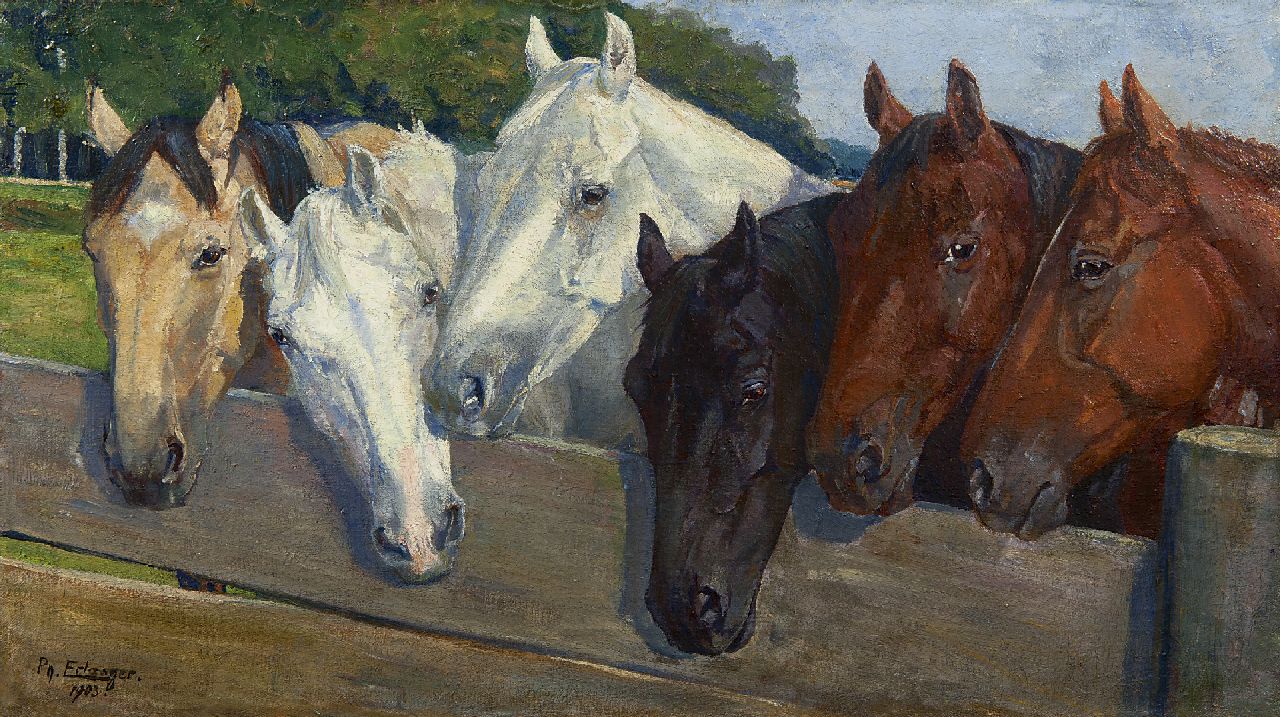 Erlanger P.J.  | Philipp Jakob Erlanger, Horses behind the fence, Öl auf Leinwand 38,4 x 67,7 cm, signed l.l. und dated 1903