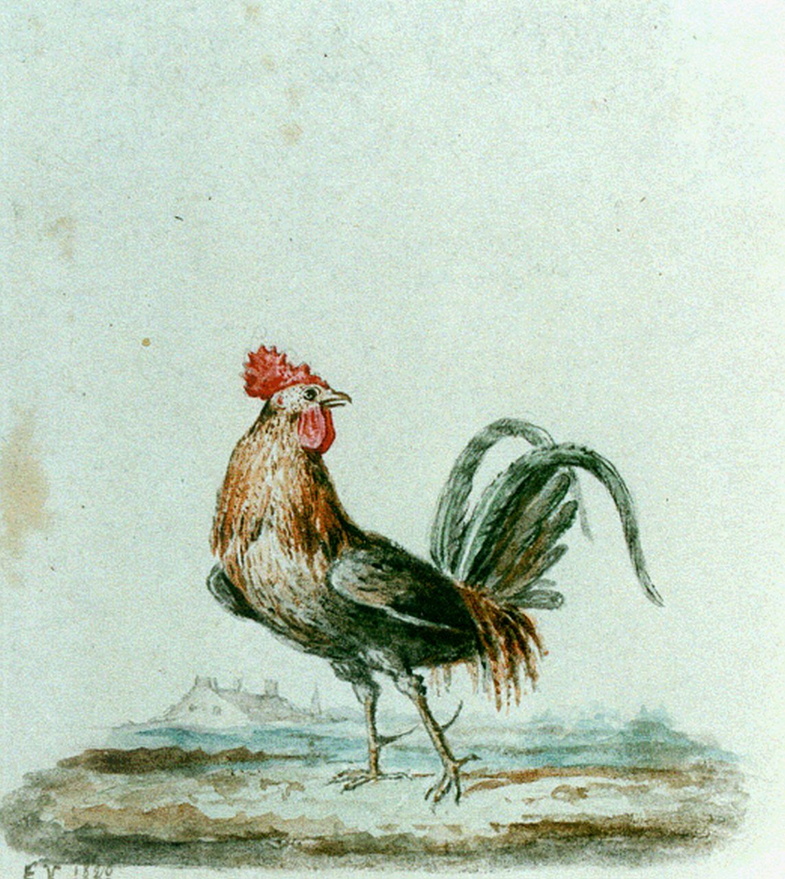 Verboeckhoven E.J.  | Eugène Joseph Verboeckhoven, Rooster, Aquarell auf Papier 6,5 x 6,0 cm, signed l.l. with monogram und dated 1928