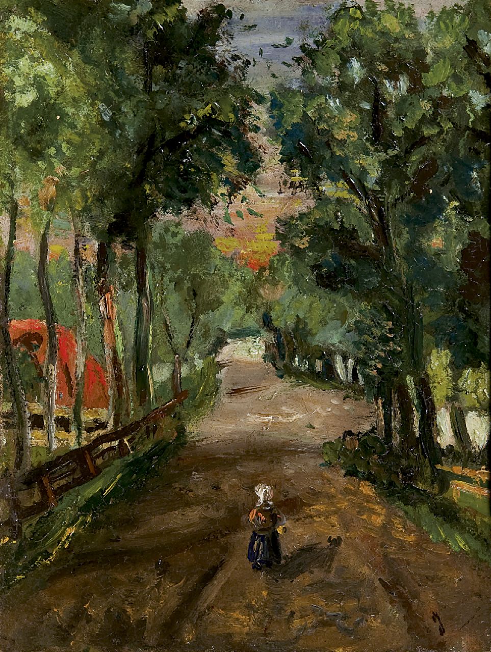 Koningin Juliana van Oranje-Nassau | A forest path with a girl, Öl auf Holzfaser, 18,7 x 13,9 cm, signed l.r. with initial