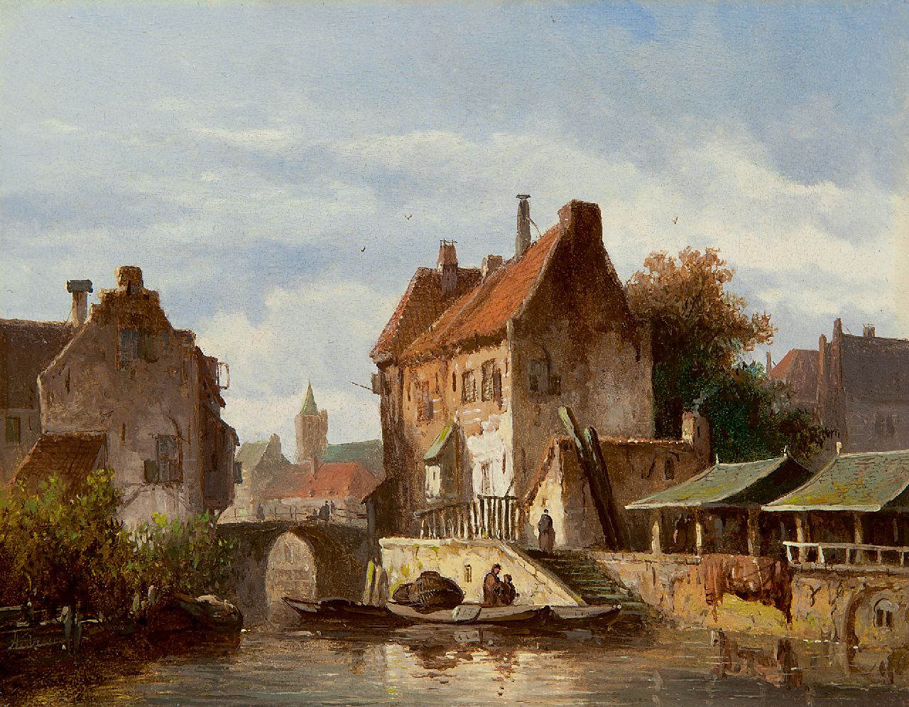 Eversen A.  | Adrianus Eversen, Kleine Stadtgracht mit angelegten Kähnen in Utrecht, Öl auf Holz 16,6 x 21,0 cm