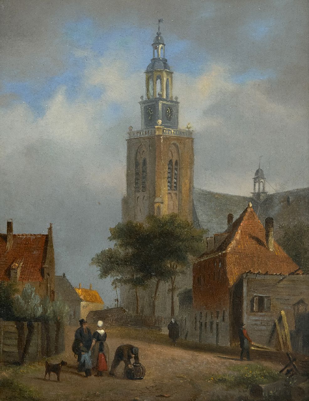 Hove B.J. van | Bartholomeus Johannes 'Bart' van Hove | Gemälde zum Verkauf angeboten | Dorfansicht mit der Grote Kerk von Maassluis, Öl auf Holz 17,3 x 13,5 cm