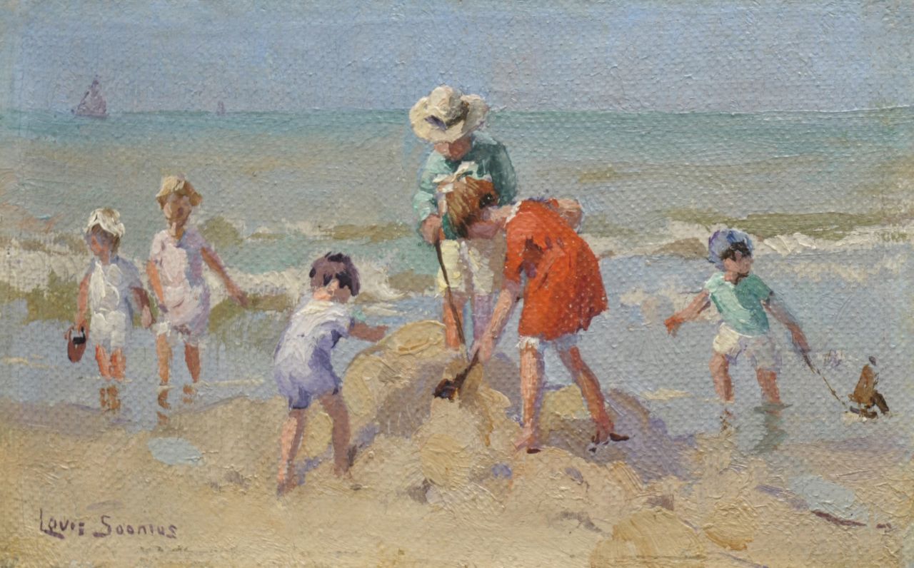 Soonius L.  | Lodewijk 'Louis' Soonius, Children playing at the beach, Öl auf Leinwand  auf Holzfaser 8,7 x 13,8 cm, signed l.l.