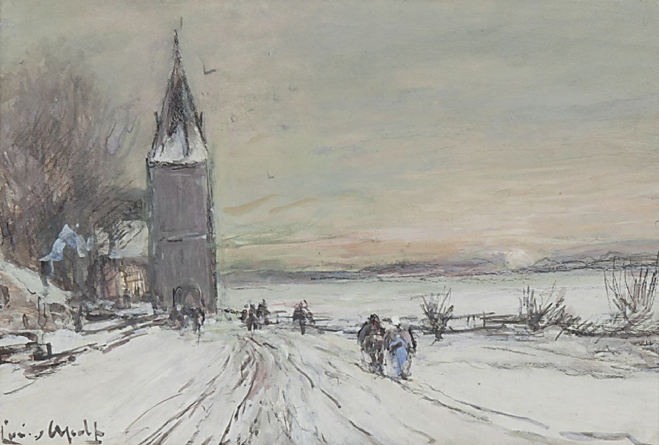 Apol L.F.H.  | Lodewijk Franciscus Hendrik 'Louis' Apol, Going to church in winter, Kreide und Gouache auf Papier 11,9 x 16,8 cm, signed l.l.