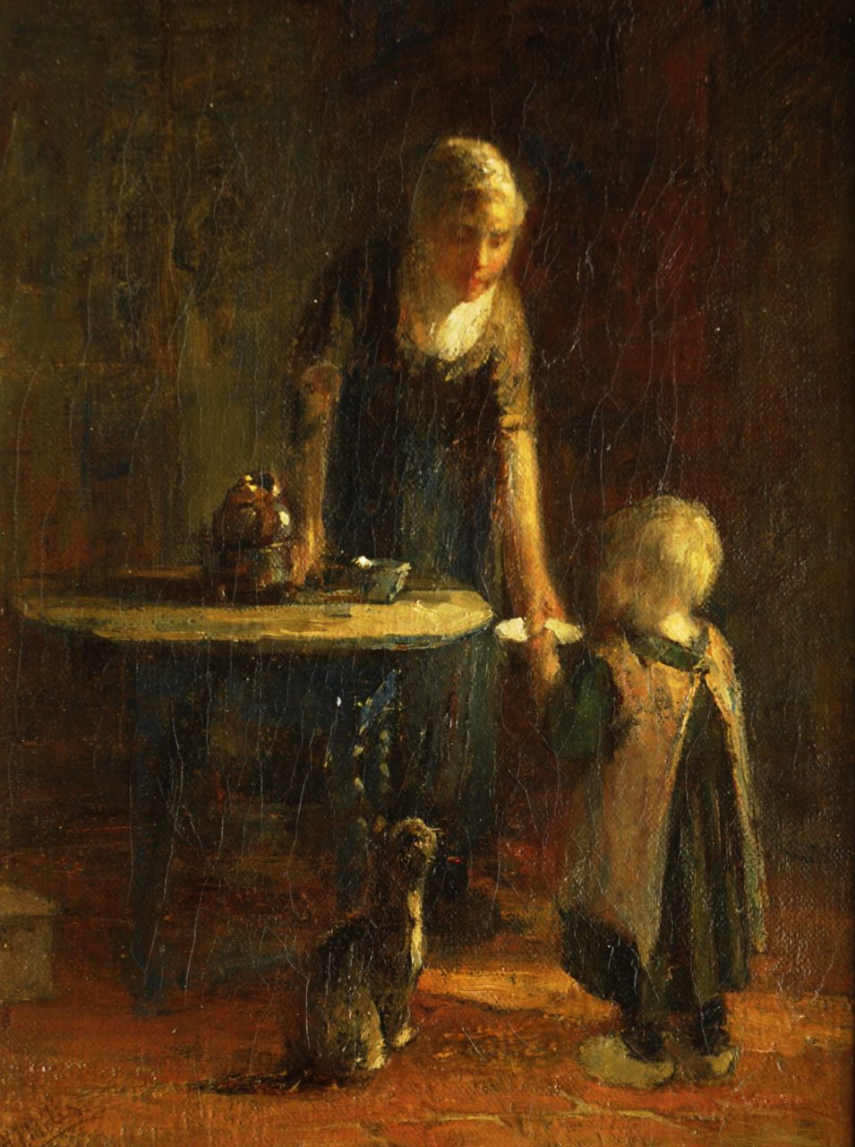 Mélis H.J.  | Henricus Joannes Mélis, Milk for the cat, Öl auf Leinwand 35,4 x 26,5 cm, signed l.l.