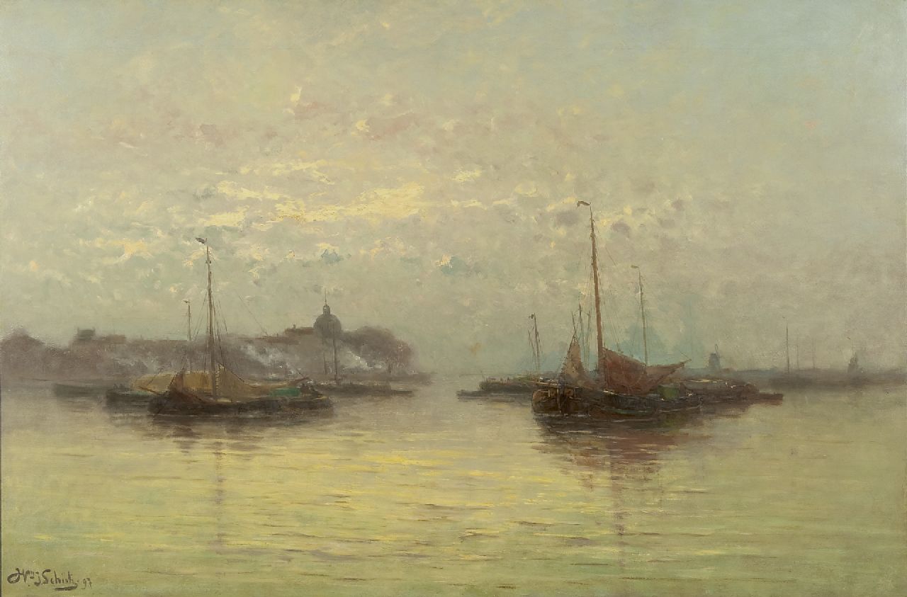 Schütz W.J.  | Willem Johannes Schütz, Sailing vessels at anchor (near Dordrecht), Öl auf Leinwand 70,5 x 105,2 cm, signed l.l. und dated '97