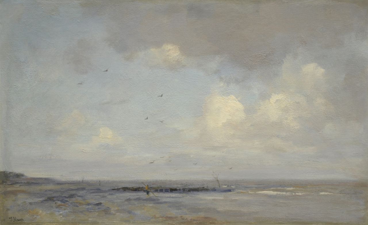 Maris J.H.  | Jacobus Hendricus 'Jacob' Maris, A view of a beach with a shrimper, Öl auf Leinwand 49,4 x 78,1 cm, signed l.l.