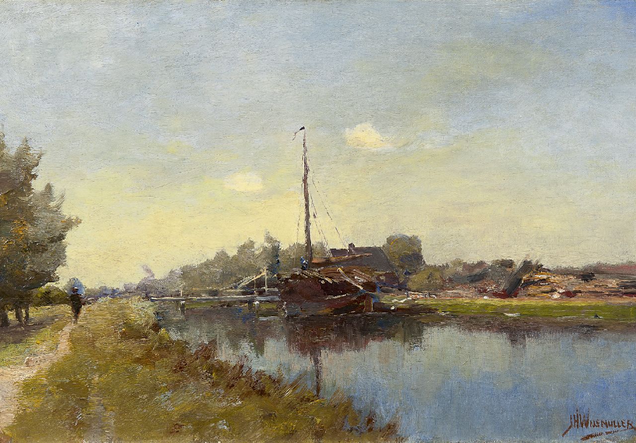 Wijsmuller J.H.  | Jan Hillebrand Wijsmuller, A ship moored in a canal, Öl auf Leinwand auf Holz 33,8 x 49,0 cm, signed l.r.