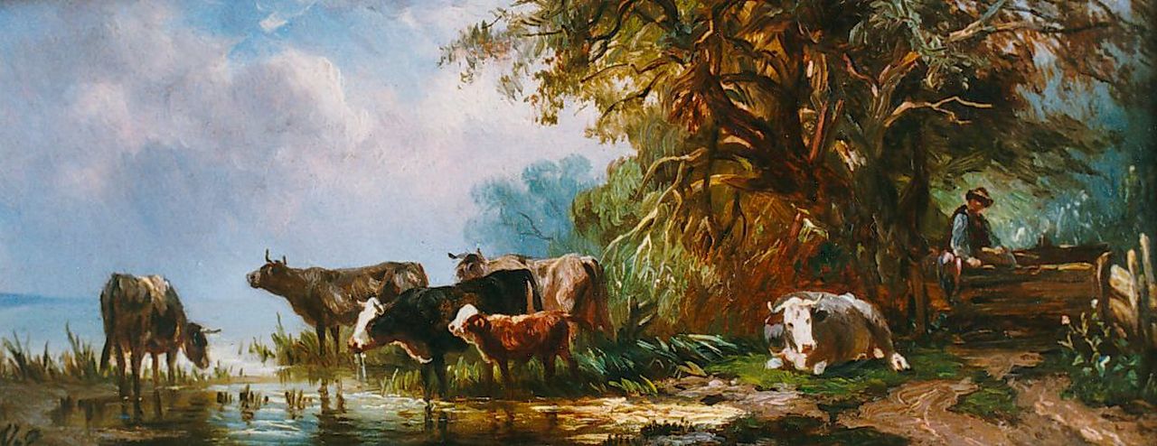 Prooijen A.J. van | Albert Jurardus van Prooijen, Cattle watering, Öl auf Holz 7,2 x 17,3 cm, signed l.l.