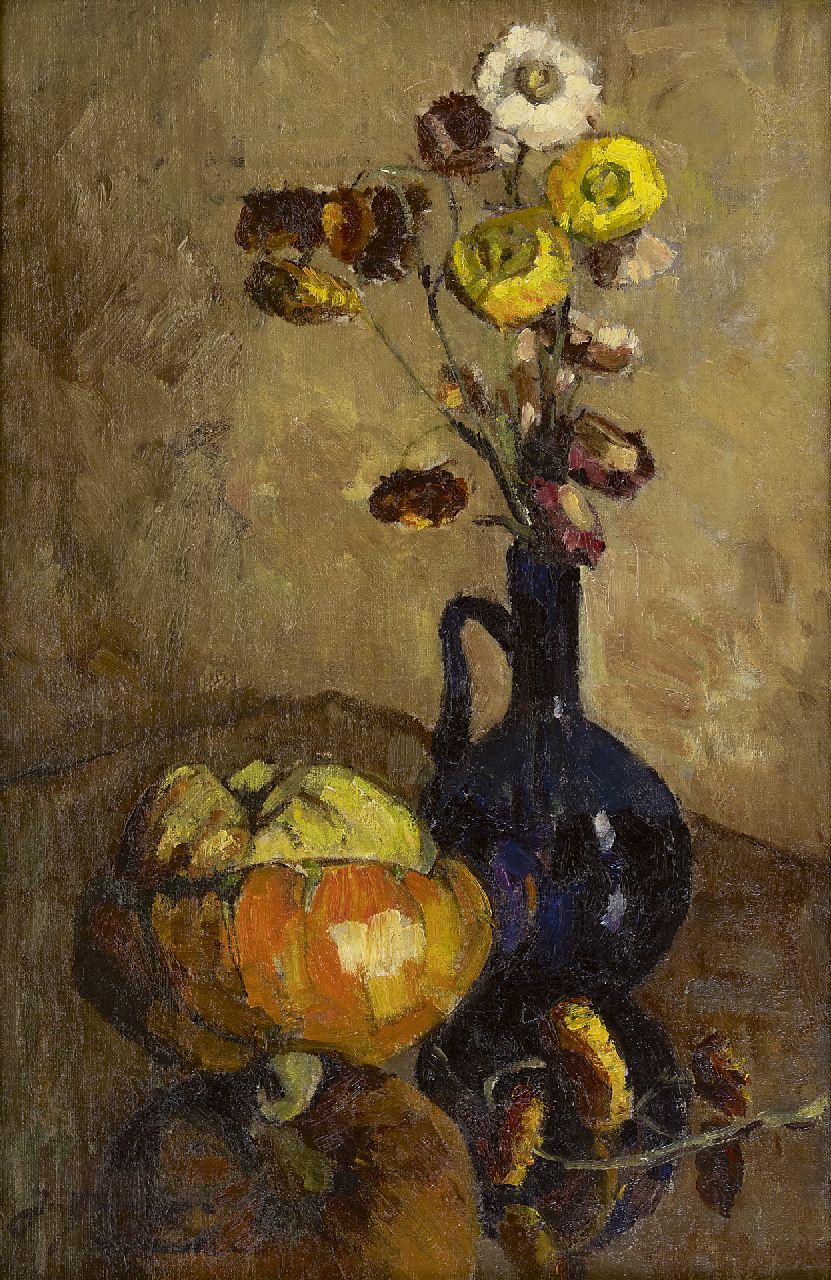 Groningen-Laurillard J.A.G. van | 'Jacoba' Adriana Geertruida van Groningen-Laurillard, Stilleben mit Trockenblumen und Kürbis, Öl auf Leinwand 60,0 x 40,0 cm, Unterzeichnet l.u.