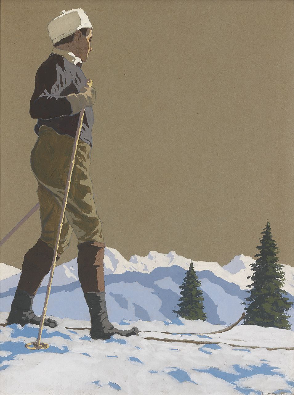 Hodiener/Hodina H.  | Hugo Hodiener/Hodina, Pioneer on skis, Gouache auf Papier 57,0 x 43,2 cm, signed l.r. und dated 1913