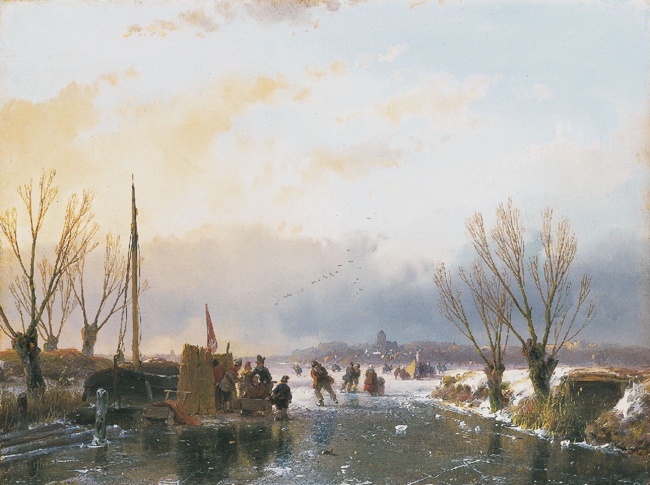 Schelfhout A.  | Andreas Schelfhout, A winter landscape with skaters and a 'koek-en-zopie', Öl auf Holz 21,6 x 28,9 cm, signed l.l. und dated 1850