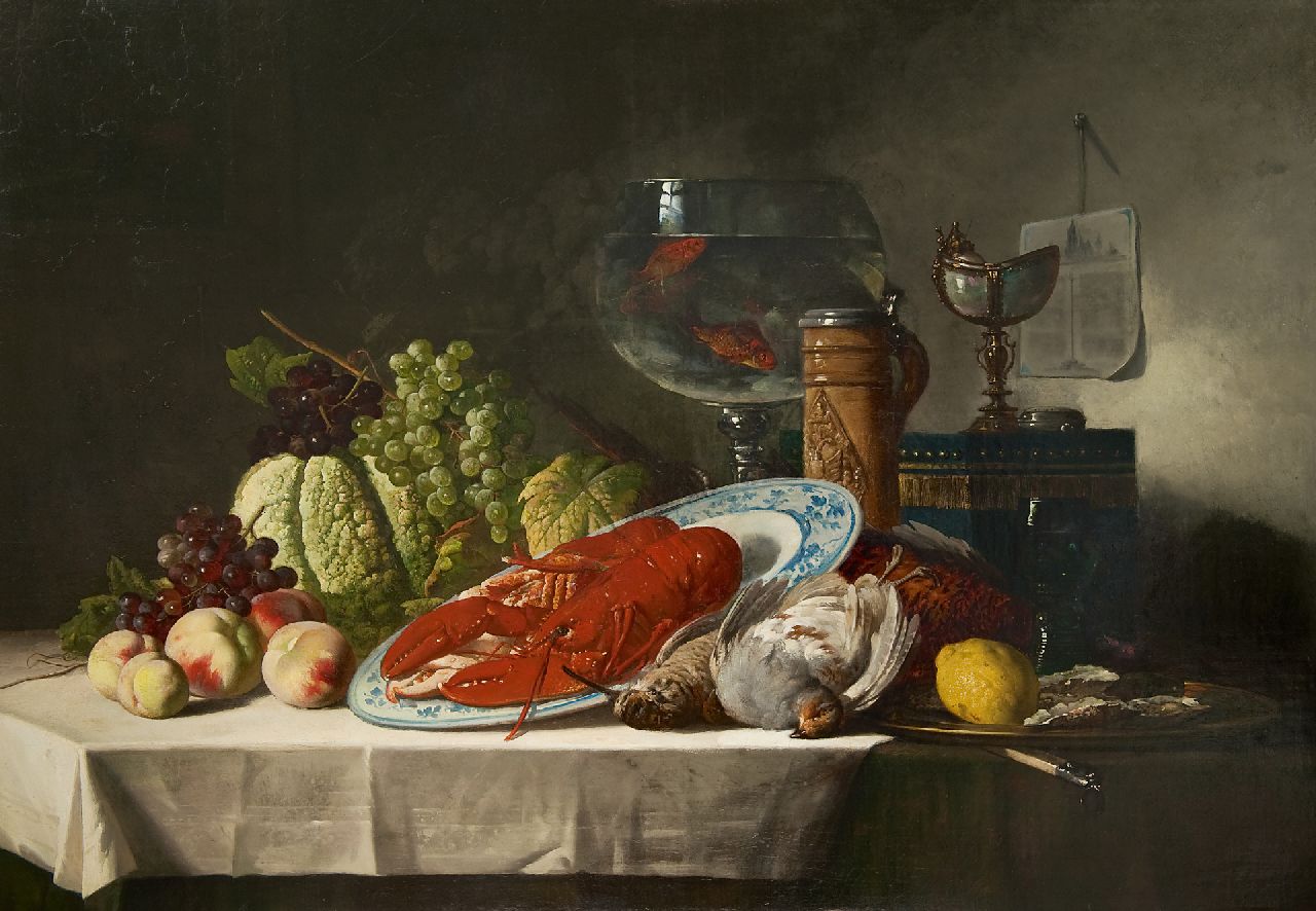 Luc Schaefels | Stilleben mit Hummer und Fischglas, Öl auf Leinwand, 91,2 x 130,3 cm, Unterzeichnet r.u. und datiert 1878