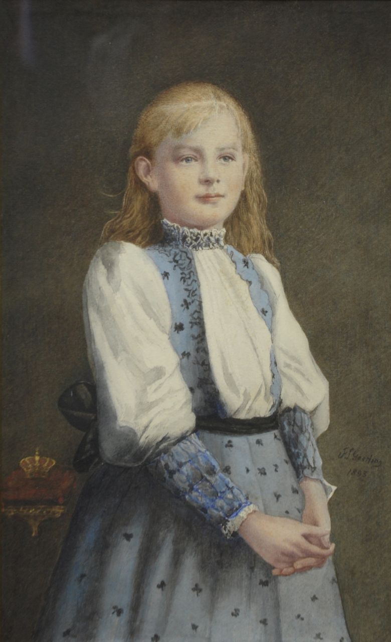 Geerling F.L.  | Frederik Lambertus Geerling, A portrait of princess Wilhelmina at the age of thirteen, Bleistift und Aquarell auf Papier 39,5 x 24,0 cm, signed c.r. and on protecting cardboard on the reverse und dated 1893