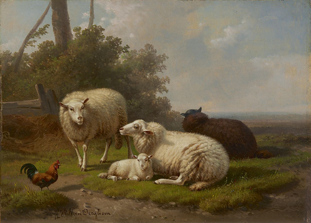 Dieghem J. van | Joseph van Dieghem, Idyllische Landschaft mit Schafen, Öl auf Holz 22,6 x 31,0 cm, Unterzeichnet l.u. und datiert '72