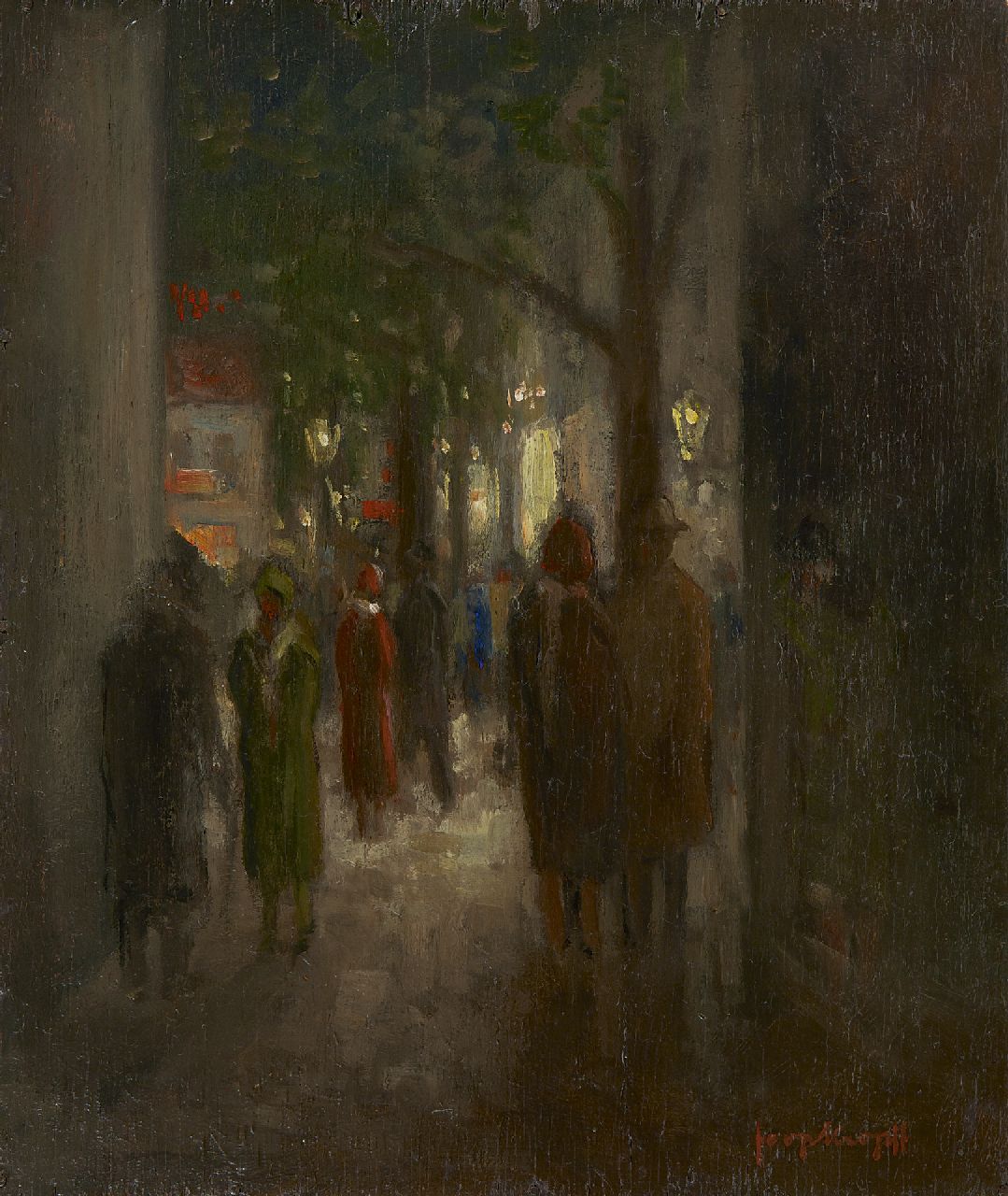 Kropff J.  | Johan 'Joop' Kropff, A street scene by night, Öl auf Holz 31,7 x 26,9 cm, signed l.r.