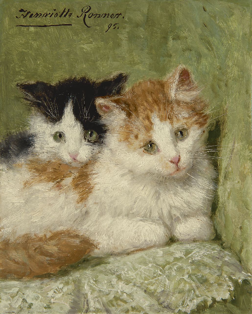 Ronner-Knip H.  | Henriette Ronner-Knip, Two kittens sitting on a cushion, Öl auf Holz 20,9 x 16,7 cm, signed u.l. und dated '95