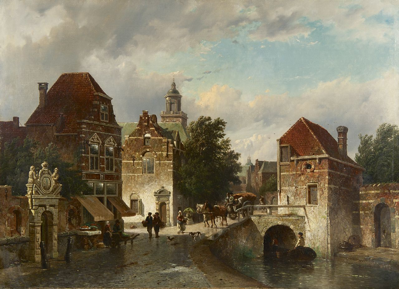 Vrolijk J.A.  | Jacobus 'Adriaan' Vrolijk, Townview with the gate of the Sint Nicolaas Gasthuis of The Hague, Öl auf Leinwand 70,8 x 96,7 cm, signed l.l. and on the gate und dated on the gate 1861