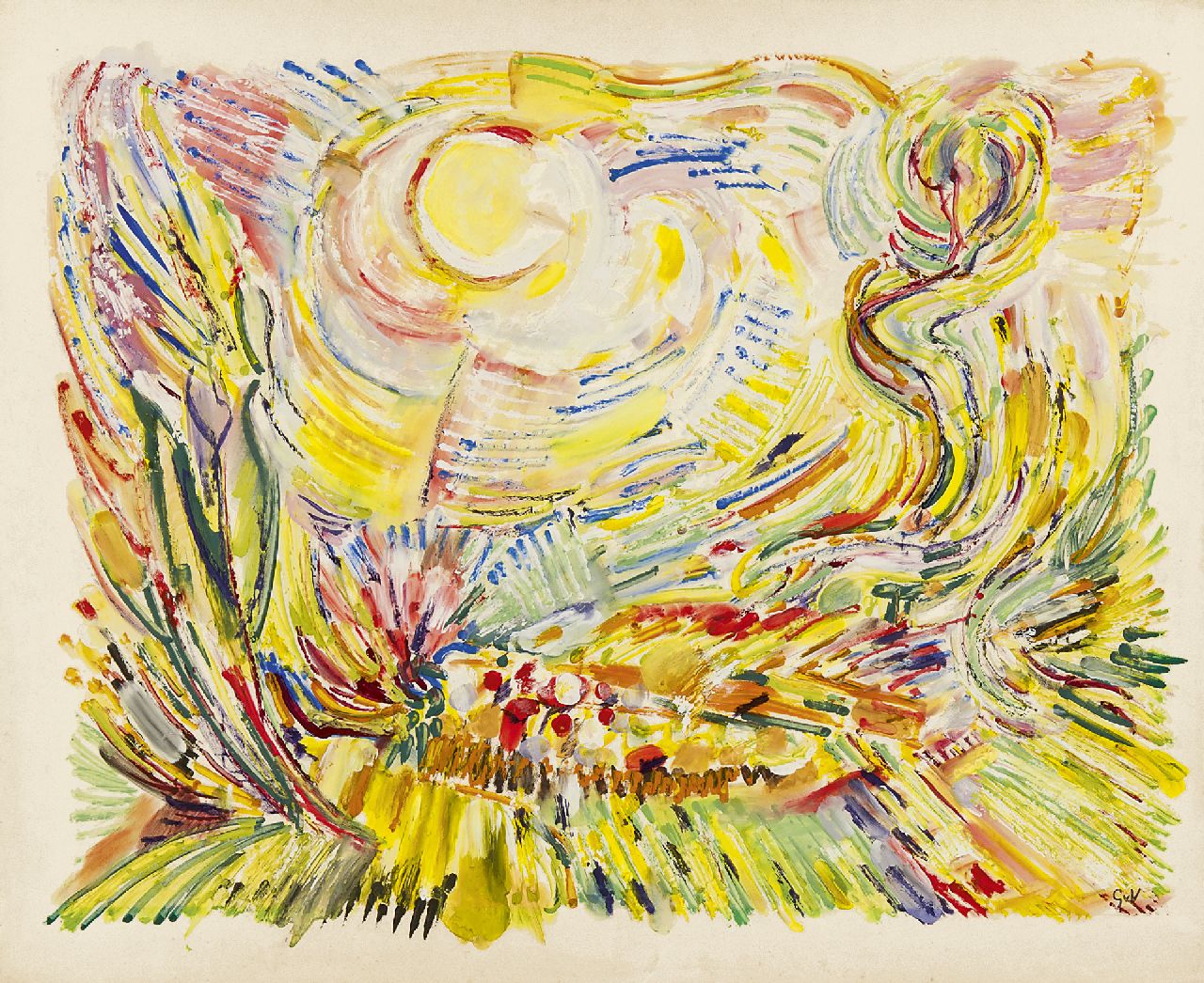 Velde G. van | Gerardus 'Geer' van Velde, landschaft mit Sonne, Gouache auf Papier 49,5 x 60,2 cm, Unterzeichnet r.u. mit Initialen und zu datieren um 1928-1932