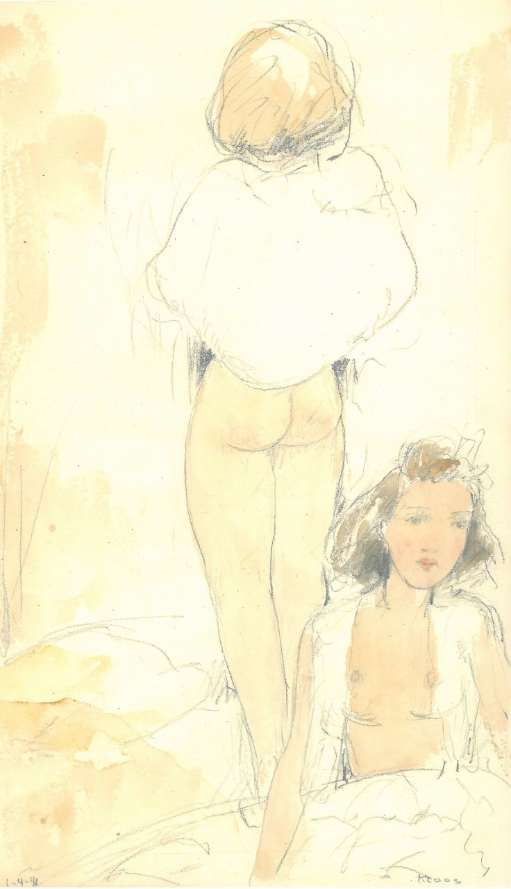 Kloos C.  | Cornelis Kloos, Zwei Frauen, halbnackt, Bleistift und Aquarell auf Papier 30,8 x 18,0 cm, Unterzeichnet r.u. und datiert 1-4-41
