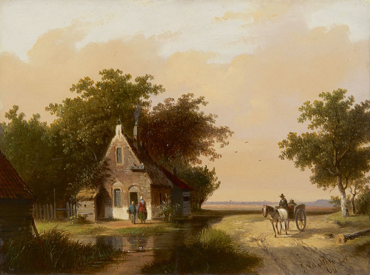 Stok J. van der | Jacobus van der Stok, Landschaft mit Figuren bei einem Häuschen, Öl auf Holz 18,9 x 25,3 cm, Unterzeichnet r.u. und datiert '62