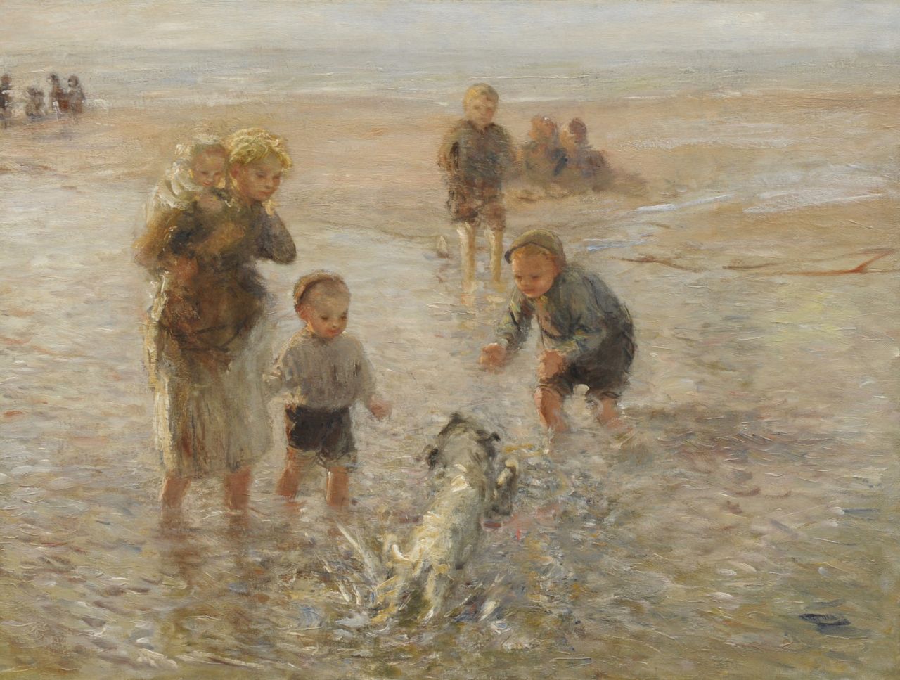Blommers B.J.  | Bernardus Johannes 'Bernard' Blommers, Playing at the beach with the dog, Öl auf Leinwand 76,3 x 100,2 cm