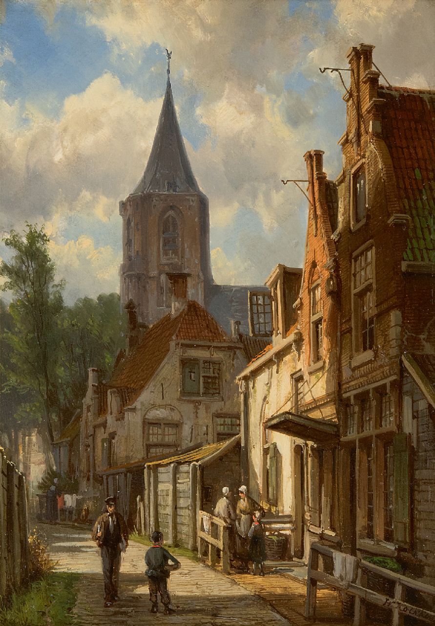 Koekkoek W.  | Willem Koekkoek, Sonnige Straße mit Figuren, Öl auf Holz 32,3 x 23,0 cm, Unterzeichnet r.u.