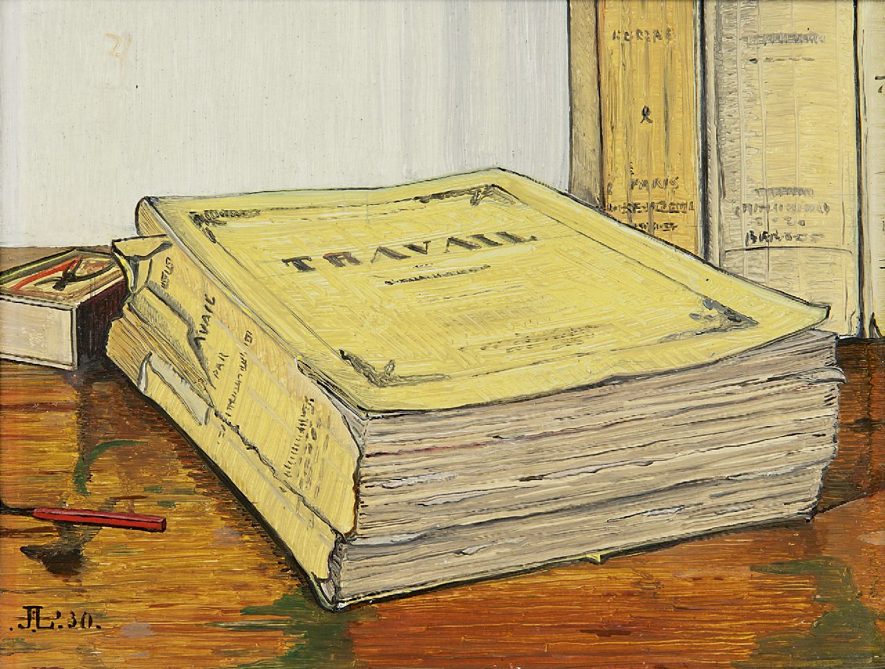 Lodeizen J.  | Johannes 'Jo' Lodeizen, A still life with the book 'Travail' by Emile Zola, Öl auf Holz 16,1 x 21,1 cm, signed l.l. with monogram und dated ' 30