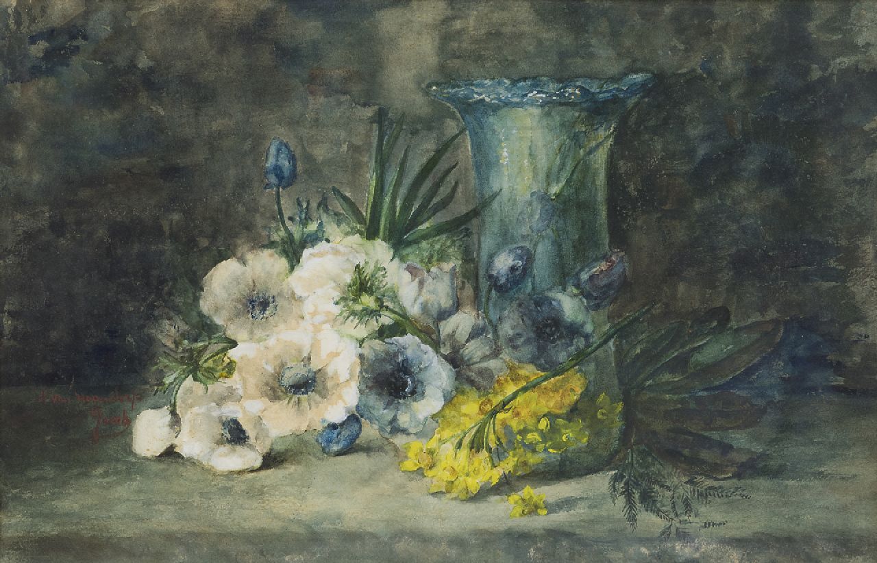 Adrienne van Hogendorp-'s Jacob | Blumen und gläserne Vase auf einem Steintisch, Aquarell auf Papier, 35,5 x 55,0 cm, Unterzeichnet l.u.