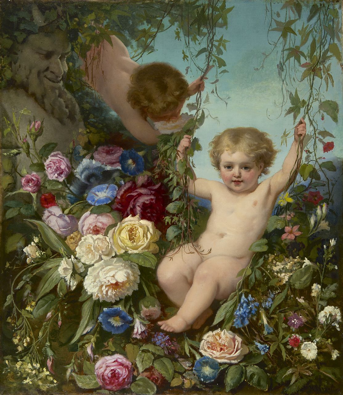 Scholten H.J.  | Hendrik Jacobus Scholten, Putti im Blumengarten, Öl auf Leinwand 76,5 x 66,5 cm, Unterzeichnet r.u.