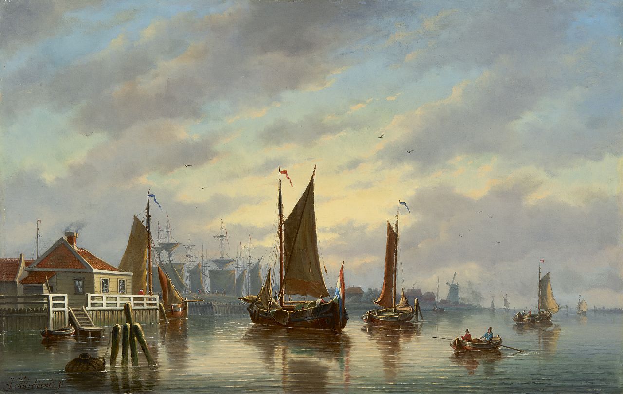 Hilverdink J.  | Johannes Hilverdink, Segelboote bei einem Stadthafen, Öl auf Holz 39,3 x 61,5 cm, Unterzeichnet l.u.