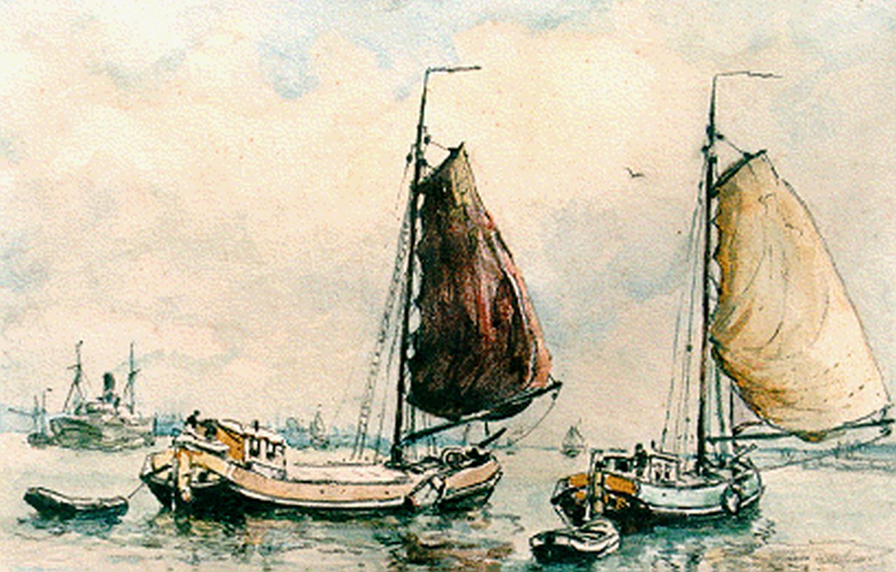 Moll E.  | Evert Moll, Tjalken op de rivier, Gemischte Technik auf Papier 14,0 x 19,0 cm, gesigneerd linksonder