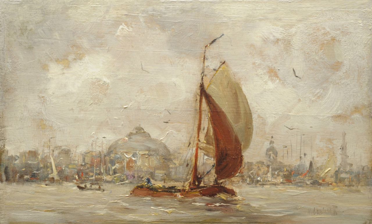 Smith H.  | Hobbe Smith, Sailing vessel with Amsterdam in the background, Öl auf Holz 13,0 x 21,1 cm, signed l.r.