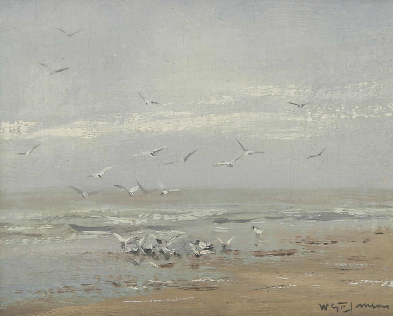 Jansen W.G.F.  | 'Willem' George Frederik Jansen, Möwen am Strand, Öl auf Leinwand 19,5 x 26,0 cm, Unterzeichnet r.u.