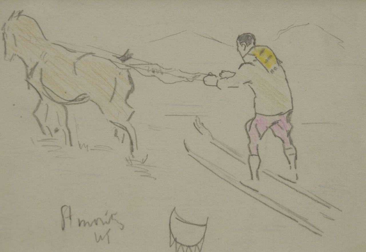 Sluiter J.W.  | Jan Willem 'Willy' Sluiter, Ski joering, St. Moritz 1910, Bleistift und Farbbleistift auf Papier 11,0 x 15,9 cm, signed l.l. with initials und dated 1910