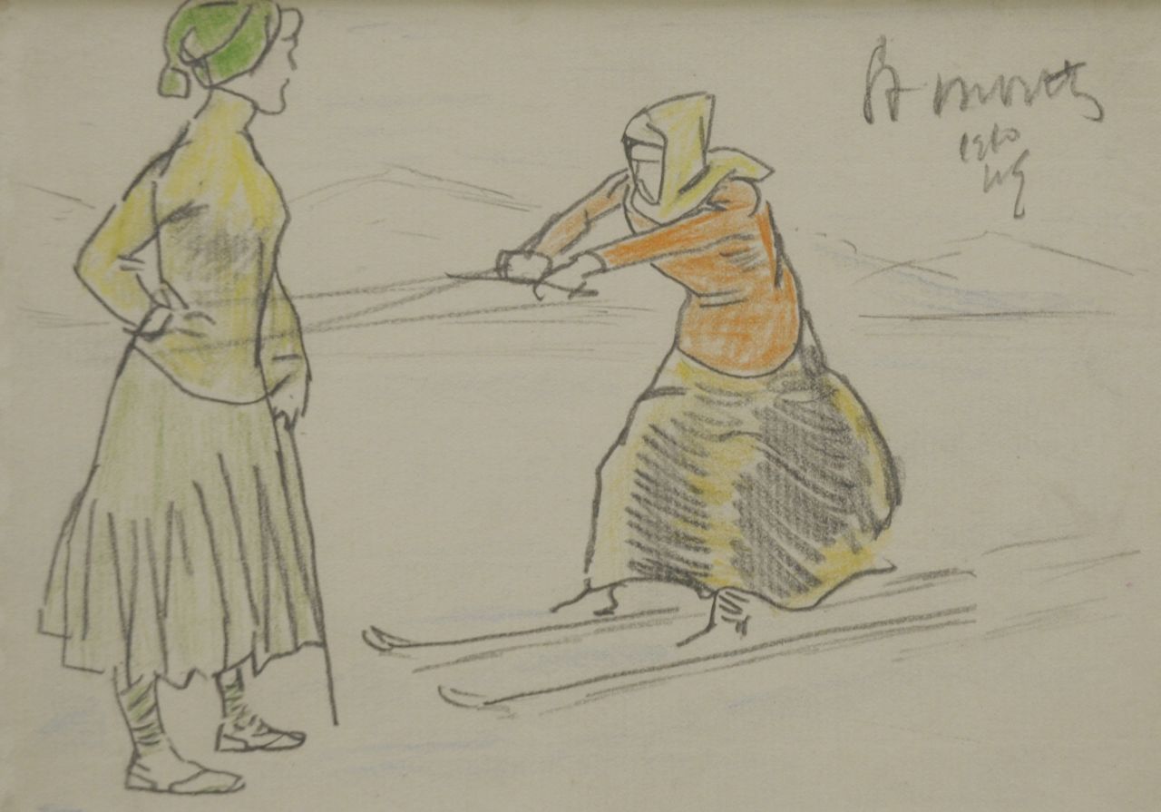 Sluiter J.W.  | Jan Willem 'Willy' Sluiter, Ski joering, St. Moritz 1910, Bleistift und Farbbleistift auf Papier 11,8 x 16,5 cm, signed u.r. with initials und dated 1910