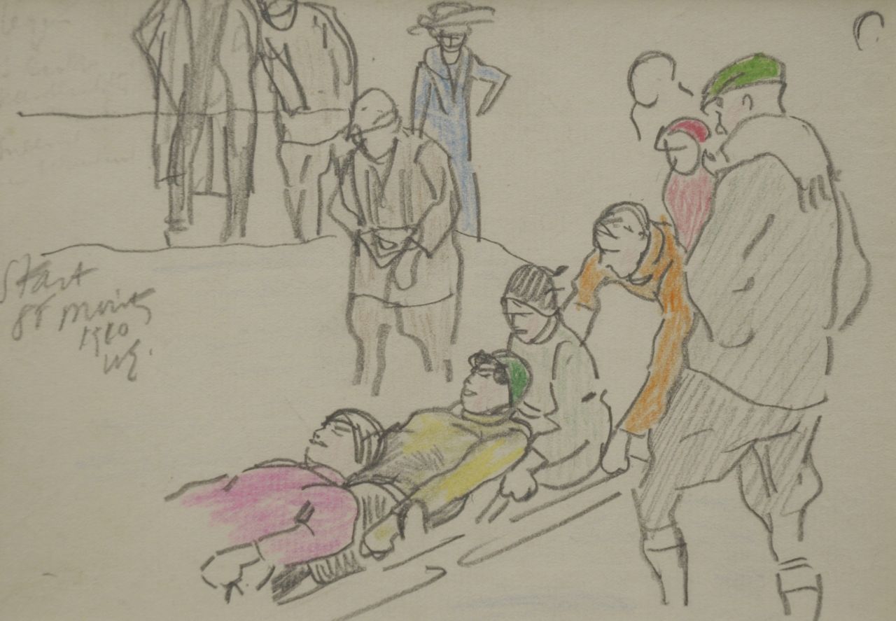 Sluiter J.W.  | Jan Willem 'Willy' Sluiter, Start bobsled race, St Moritz 1910, Bleistift und Farbbleistift auf Papier 11,6 x 16,2 cm, signed c.l. with initials und dated 1910