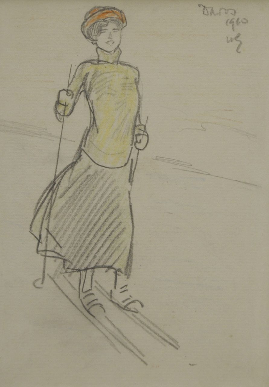 Sluiter J.W.  | Jan Willem 'Willy' Sluiter, A woman skiing, Davos, Bleistift und Farbbleistift auf Papier 16,2 x 11,2 cm, signed u.r. with initials und dated 1910