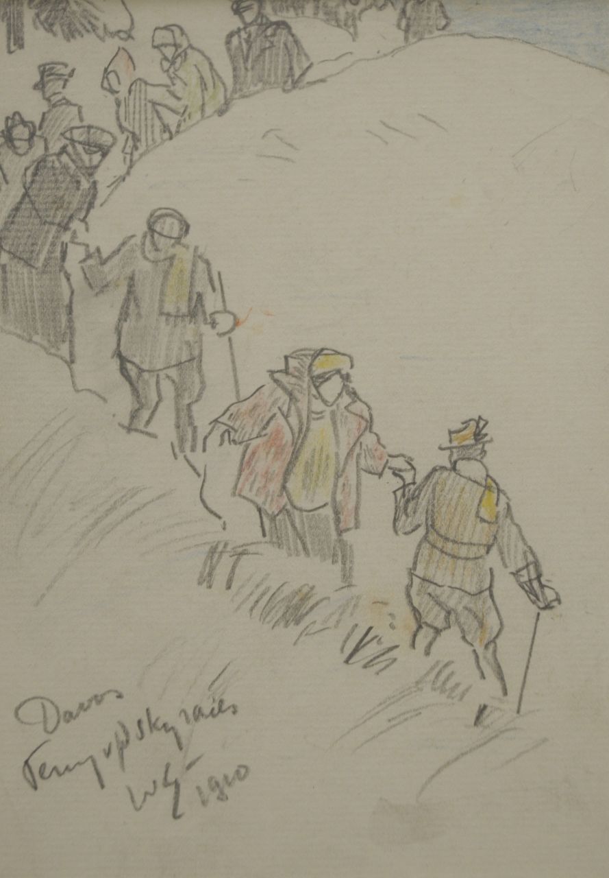 Sluiter J.W.  | Jan Willem 'Willy' Sluiter, Returning from the ski races, Davos, Bleistift und Farbbleistift auf Papier 17,2 x 12,6 cm, signed l.l. with initials und datedm 1910