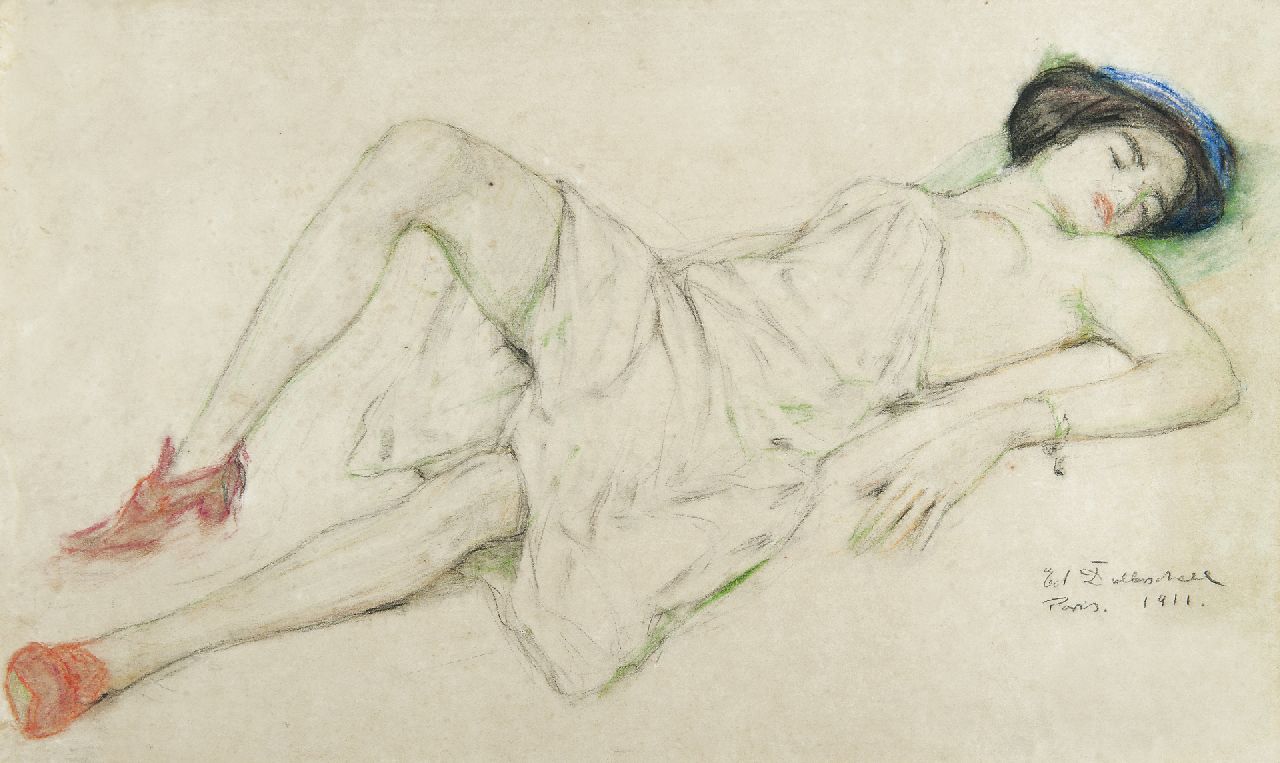 Eduard Dollerschell | Liegende Frau, Pastell auf Papier, 36,6 x 63,6 cm, Unterzeichnet r.u. und datiert 'Paris' 1911