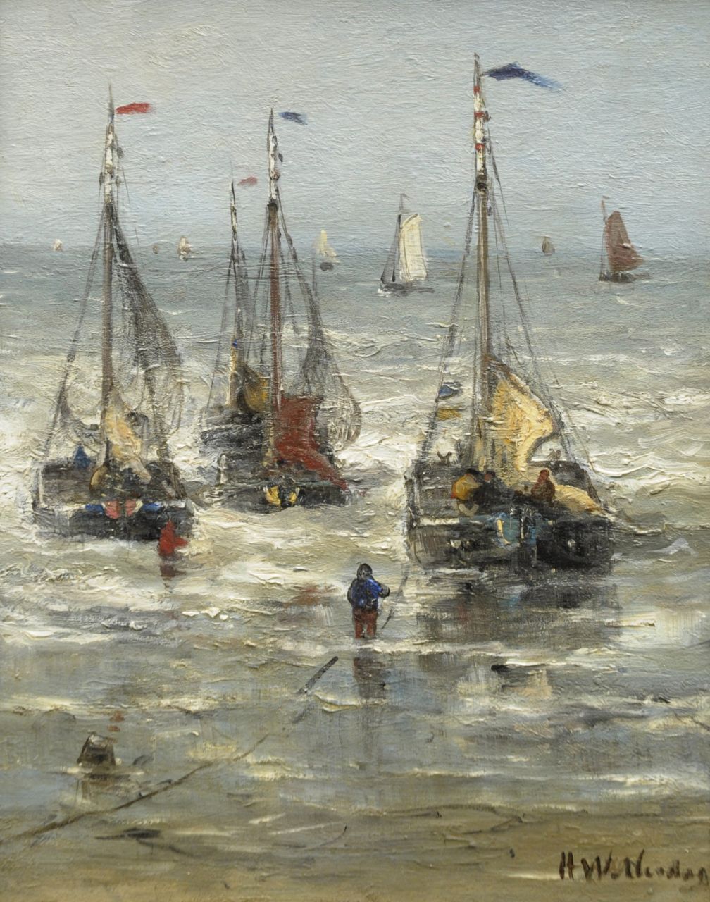 Mesdag H.W.  | Hendrik Willem Mesdag, Sailing out to sea, Öl auf Holz 30,0 x 24,8 cm, signed l.r.