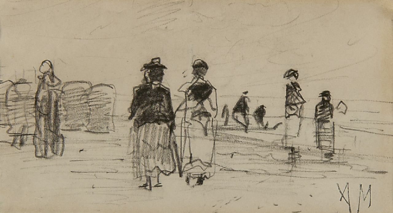 Mauve A.  | Anthonij 'Anton' Mauve, Strolling along the beach, Bleistift auf Papier 7,7 x 13,4 cm, signed l.r. with studio stamp (AM)