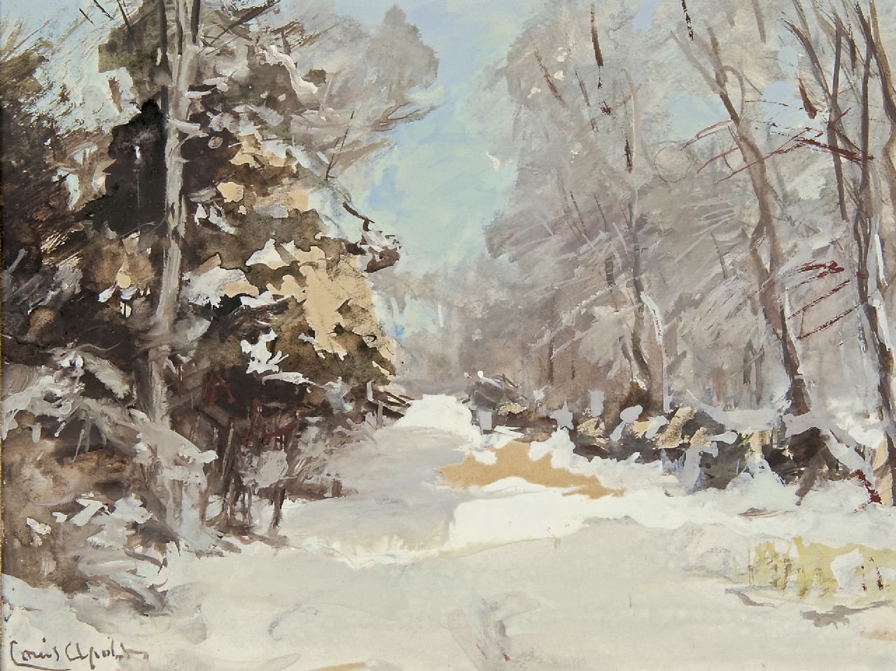 Apol L.F.H.  | Lodewijk Franciscus Hendrik 'Louis' Apol, Winter forest path, Gouache auf Papier 15,5 x 20,6 cm, signed l.l.