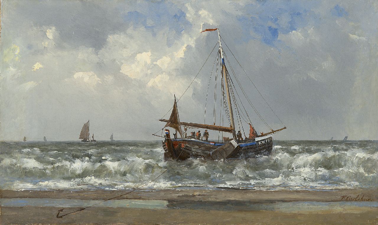 Carlebur F.  | François Carlebur, Die 'Katwijk 16' in der Brandung, Öl auf Leinwand 30,7 x 51,0 cm, Unterzeichnet r.u.