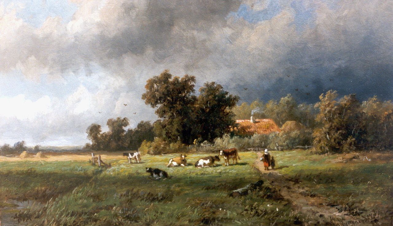 Wijngaerdt A.J. van | Anthonie Jacobus van Wijngaerdt, Cattle in a landscape, Öl auf Holz 18,0 x 30,1 cm, signed l.r.