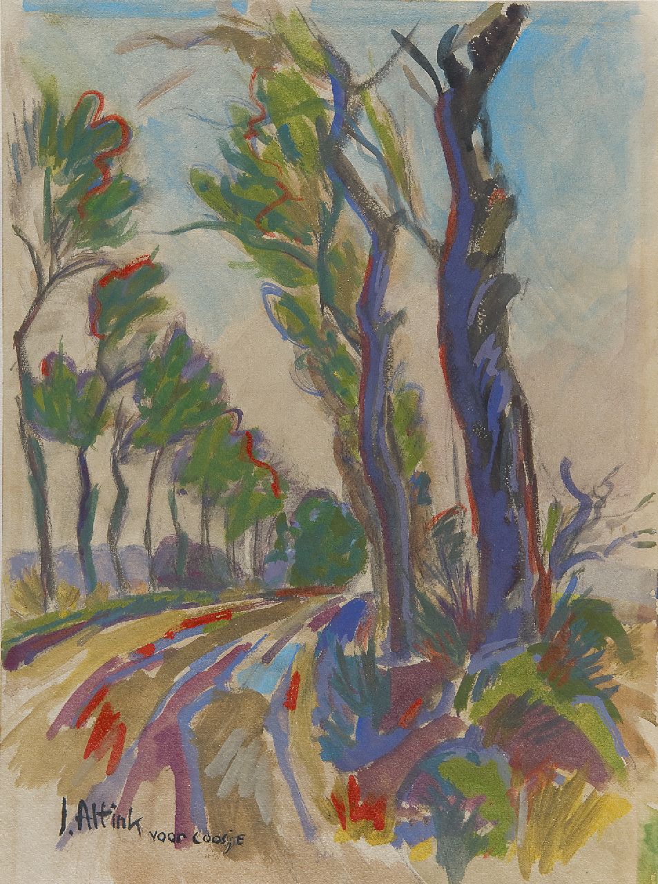 Altink J.  | Jan Altink, A country road with trees, Aquarell auf Papier 39,2 x 29,0 cm, signed l.l.