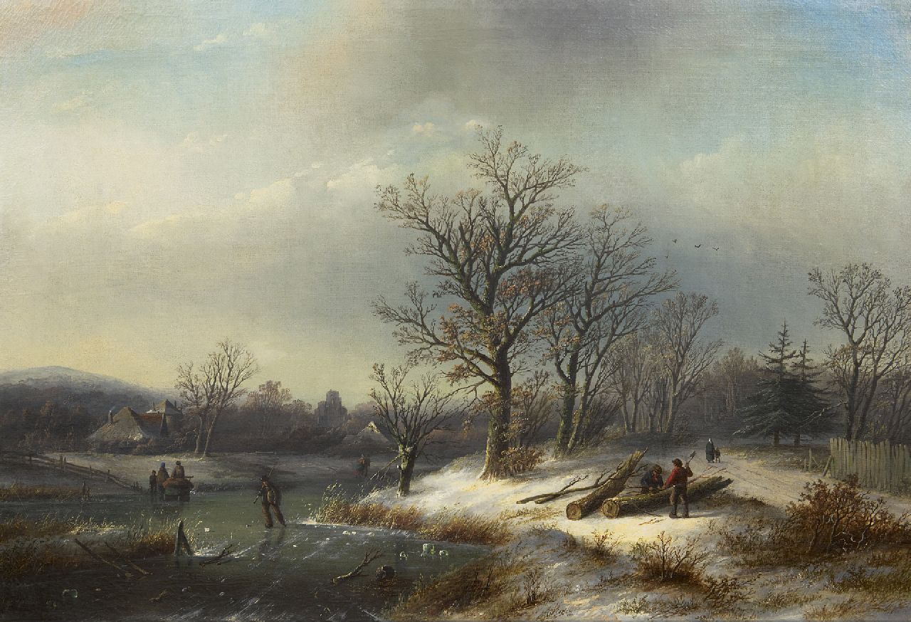 Spohler J.J.C.  | Jacob Jan Coenraad Spohler, Winterlandschaft mit Holzfällern und Schlittschuhläufern, Öl auf Leinwand 65,0 x 95,3 cm, Unterzeichnet l.u.