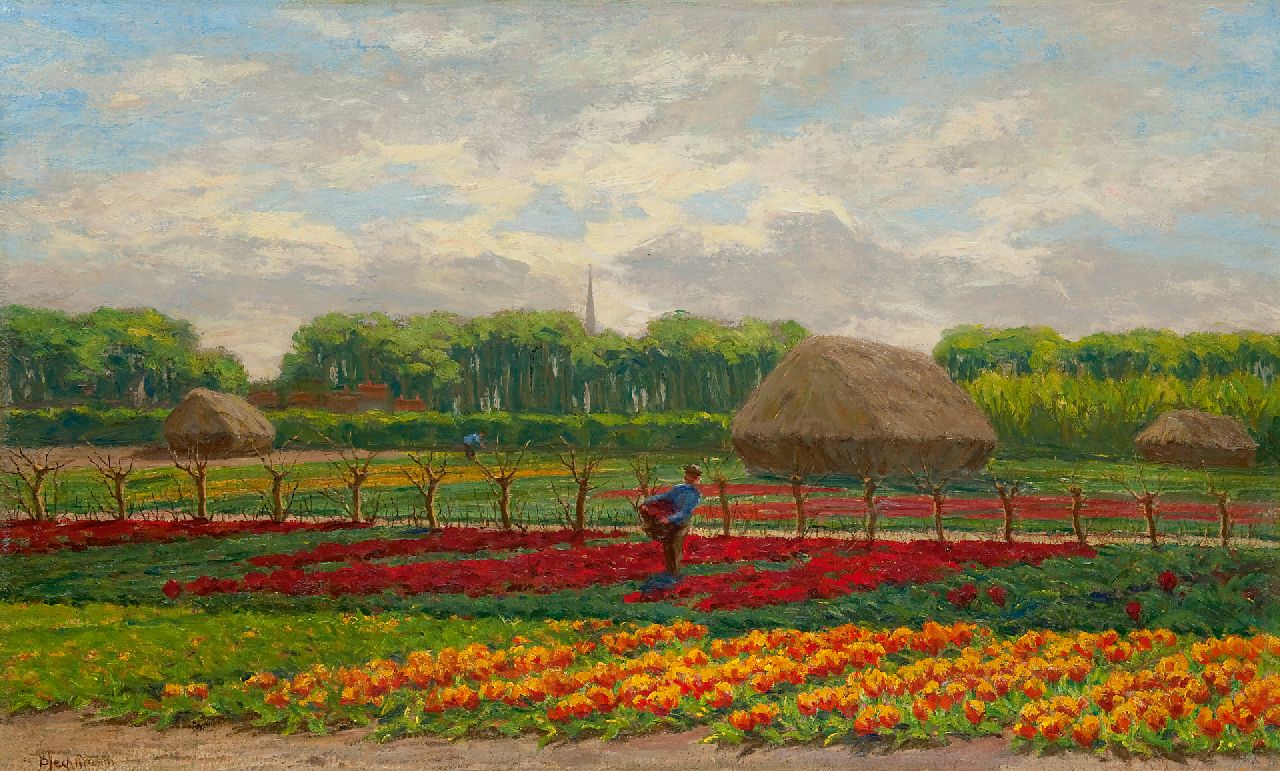 Bleckmann W.C.C.  | Wilhelm Christiaan Constant Bleckmann, Bauern an der Arbeit im Feld mit blühenden Blumenzwiebeln, Öl auf Leinwand 58,4 x 95,5 cm, Unterzeichnet l.u.