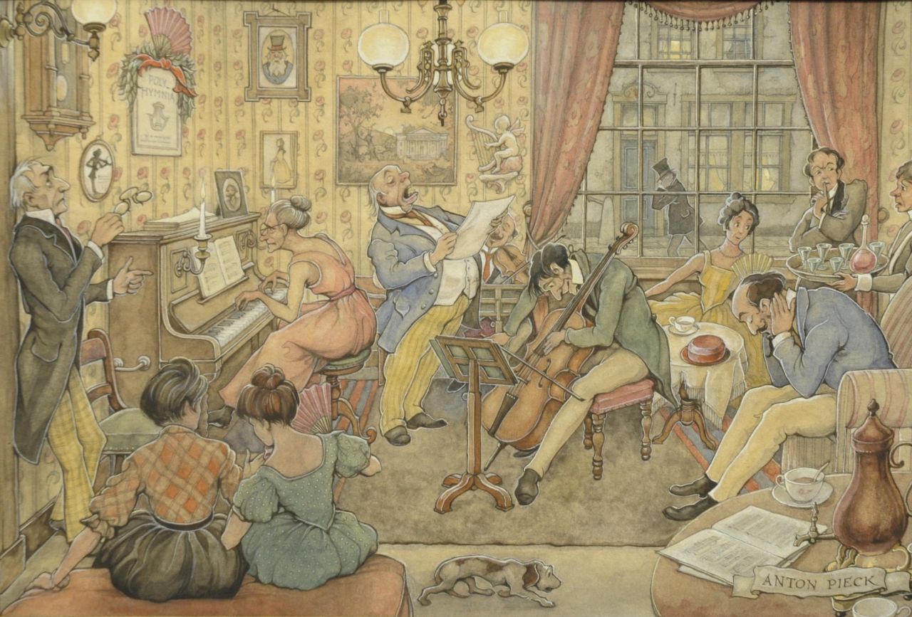 Pieck A.F.  | 'Anton' Franciscus Pieck, Musical evening, Aquarell auf Papier 33,5 x 23,0 cm, signed l.r.