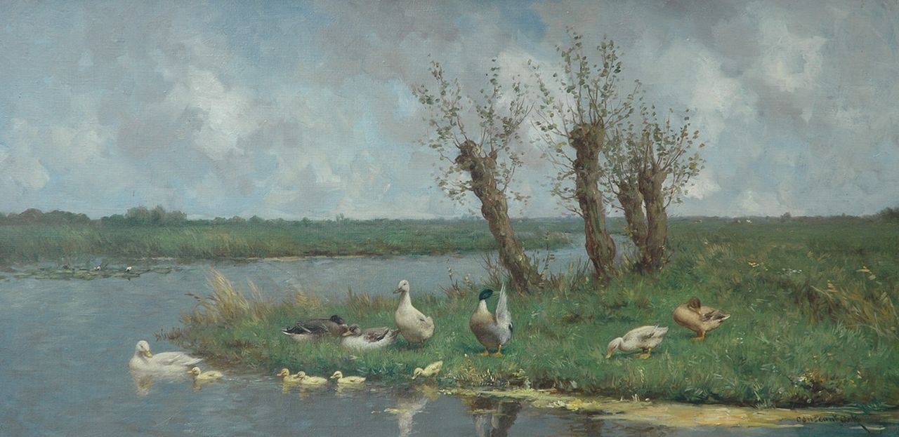 Artz C.D.L.  | 'Constant' David Ludovic Artz, A Dutch polder landscape with pollard willows and ducks, Öl auf Leinwand 40,0 x 80,5 cm, signed l.r.