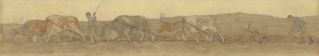 Breman A.J.  | Ahazueros Jacobus 'Co' Breman, 'Pflügende Bauern', Kreide und Gouache auf Papier 36,0 x 208,0 cm, Unterzeichnet r.u. und datiert 1908